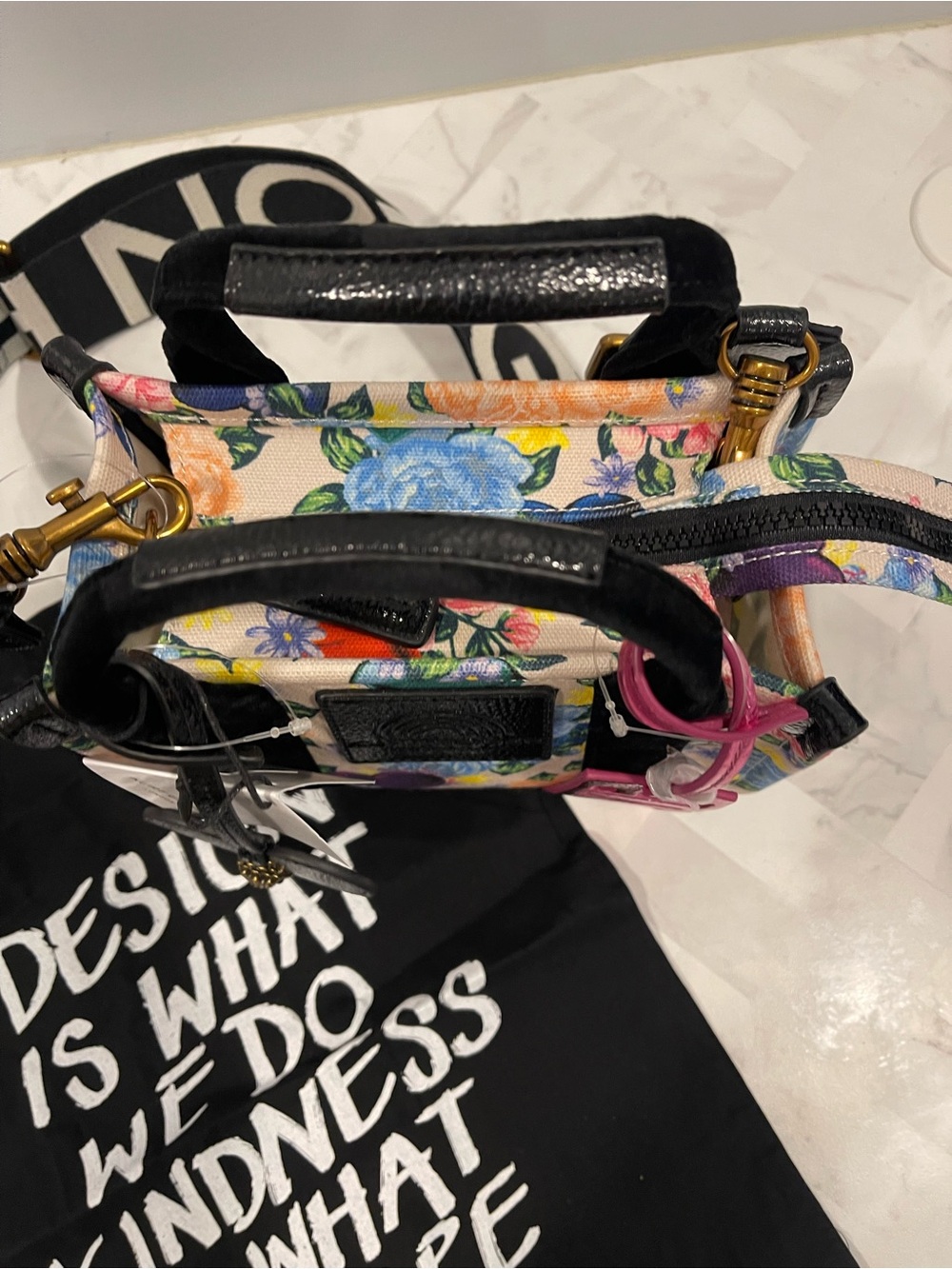 Kurt Geiger Floral Mini Tote with Pink LOVE Tag and Black Heart Charm NWT - Picture 6 of 9